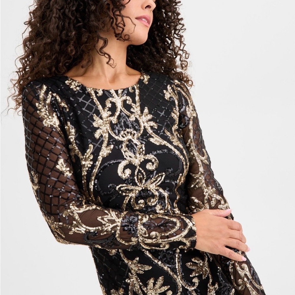 Betsy & Adam Black Dress with Gold Sequin Embroidery